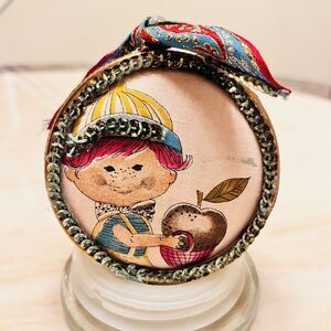 Rare VTG 70s Handmade Flat Round Embroidered Ornament Cottagecore Floral Stitch